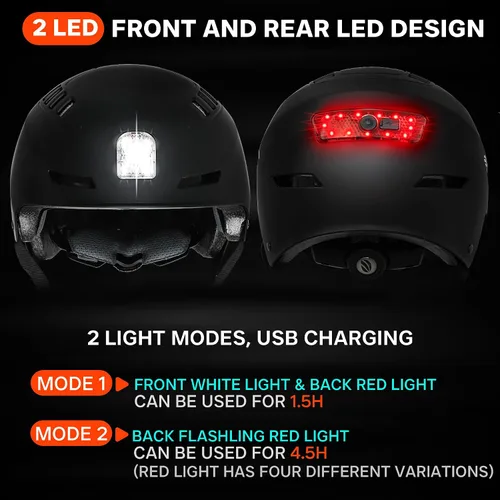 Miniatura 3 de DKONI Casco de bicicleta con luces LED, casco de bicicleta para viajeros, casco de ciclismo recargable por USB, casco de luz LED frontal y trasera