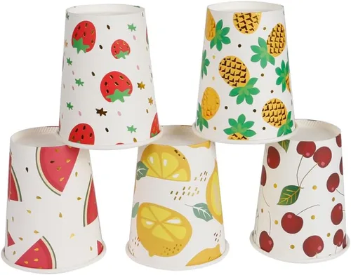 Miniatura 6 de Geeklife Vasos de papel de cereza dorada, 9 onzas de papel de cerezas, frutas y cerezas, desechables, vasos de papel decorativos a granel, 40