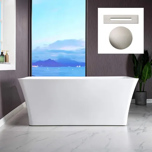 Miniatura 17 de WOODBRIDGE Bañera de acrílico independiente de 67 pulgadas, bañera blanca de remojo contemporáneo con desbordamiento y drenaje de oro cepillado