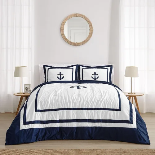 Sweet Jojo Designs Anchors Away - Juego de ropa de cama de 3 piezas para niños, color azul marino y blanco, tamaño matrimonial/queen