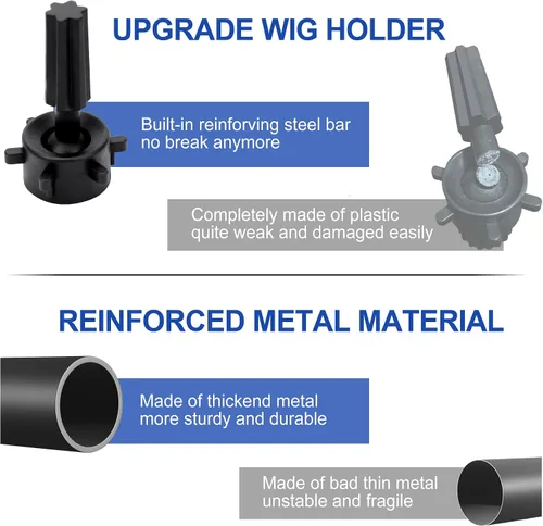 Miniatura 8 de Klvied Soporte para peluca con trípode ajustable, soporte para cabeza de maniquí con panel para pies, cabeza de peluca de metal reforzada