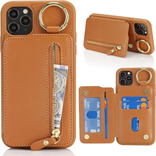 Miniatura 19 de Havaya Funda para iPhone 11 Pro Max con tarjetero y llavero, soporte de cuero, a prueba de golpes, con ranuras para tarjetas de crédito, cremallera