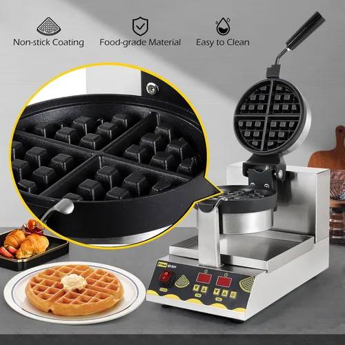 Miniatura 4 de Dyna-Living Máquina de gofres belga comercial inteligente redonda giratoria 180° antiadherente Flip Waffle Iron Machine profesional comercial