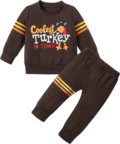 WIQI Toddler Baby Boy Thanksgiving Outfit Turkey Letter Print Long Sleeve Striped Tops + Long Pants Thanksgiving Outfit Set