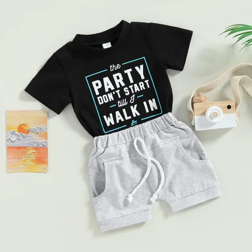 Miniatura 88 de Conjunto de traje de verano para bebé niño pequeño, manga corta, cuello redondo, letras impresas, lindo traje de verano, conjunto de 2 piezas