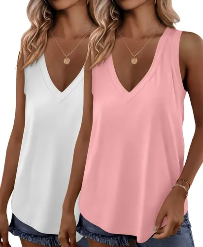 Miniatura 12 de KKJ Paquete de 2 camisetas sin mangas para mujer, cuello en V, camisetas de verano sin mangas, ajuste holgado, casual, trajes de vacaciones, camisas