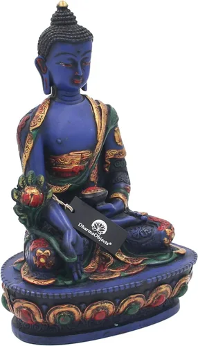Miniatura 3 de DharmaObjects® Estatua de Buda de medicina curativa tibetana pintada a mano Nepal (7.5, Multi)
