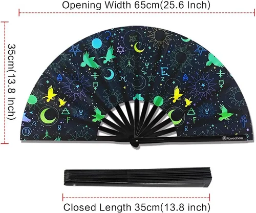 Miniatura 4 de Ventilador plegable grande, ventilador Clack Rave de 13 pulgadas, ventilador de mano para mujeres y hombres con tela de satén de alta calidad, marco