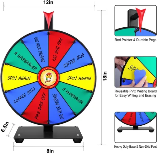 Miniatura 4 de Pionites Ruleta de premios para mesa o montaje en pared con rotulador de borrado en seco y borrador para entretenidas fiestas en casa, ferias
