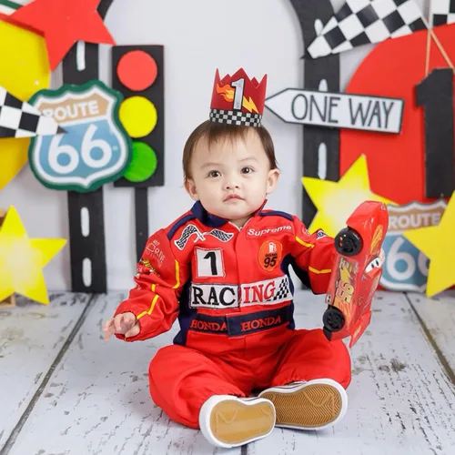 Miniatura 4 de Corona de primer cumpleaños de coche de carreras, sombrero rojo de cumpleaños de piloto de carreras, pequeño