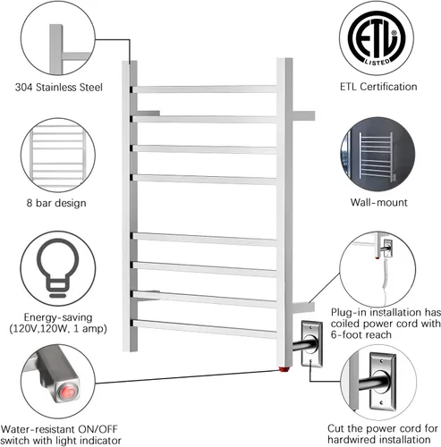 Miniatura 3 de HEATGENE Calentador de toallas, calentador de toallas calentado, calentador de toallas eléctrico montado en la pared/enchufable para baño, toalleros