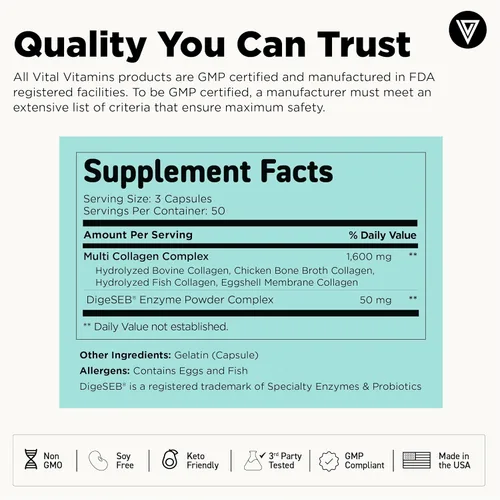 Miniatura 6 de Vital Vitamins Píldoras de colágeno múltiple para mujeres y hombres (paquete de 2) – Péptidos de colágeno hidrolizados – Tipo I, II, III, V, X