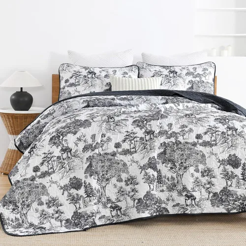 Miniatura 4 de WONGS BEDDING Juego de edredón botánico tamaño Queen, negro, 3 piezas, colcha con estampado floral de plantas Toile, juego de ropa de cama