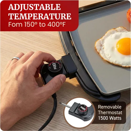 Miniatura 4 de Elite Gourmet Plancha eléctrica de 10 x 20 pulgadas, superficie antiadherente Ceralast™ de cerámica grande sin PFAS, asas de tacto frío, termostato