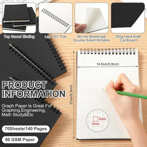 Miniatura 2 de Engrowtic Paquete de 1 bloc de notas en espiral de papel cuadriculado A5, bloc de notas encuadernado con alambre, bloc de notas de cuadrícula