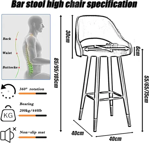 Miniatura 3 de LAJUU Taburetes de bar, silla alta giratoria, respaldo curvado de cuero, taburete de recepción con reposapiés de metal y patas de latón/naranja/25.6