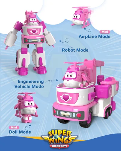 Miniatura 2 de Super Wings - Remolque de rescate de Dizzy's de 7 pies con mini figura rosa de Transform-a-Bot de 2 pies, juego de vehículos de juguete de avión