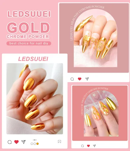 Miniatura 2 de 【Efecto espejo metálico n.º 1】Polvo de uñas cromado dorado LEDSUUEI – Polvo holográfico Aurora iridiscente perlado dorado cromado, blanco, perla