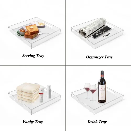 Miniatura 9 de Bandeja de acrílico para servir (12 x 12 x 2 pulgadas) con asas, a prueba de derrames, bandeja decorativa transparente para aperitivos, desayuno