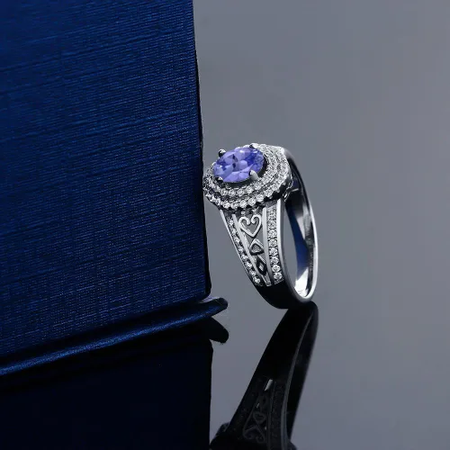 Miniatura 88 de Anillo de compromiso con halo de piedra preciosa y piedra natal en plata chapada en oro amarillo de 18 quilates, ovalado, 0.236 x 0.157 pulgadas