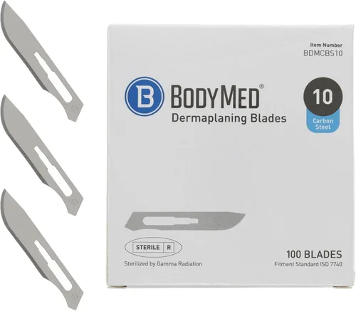 BodyMed Cuchillas de dermaplaning #10 en acero al carbono, 100 unidades, desechables, envueltas individualmente, cuchillas de bisturí estériles para