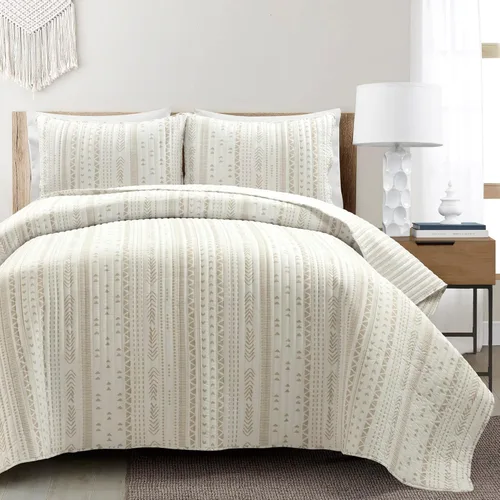 Lush Decor Hygge - Juego de edredón reversible a rayas, tamaño King, 3 piezas, neutro y blanco, juego de ropa de cama a rayas, edredón tamaño King,
