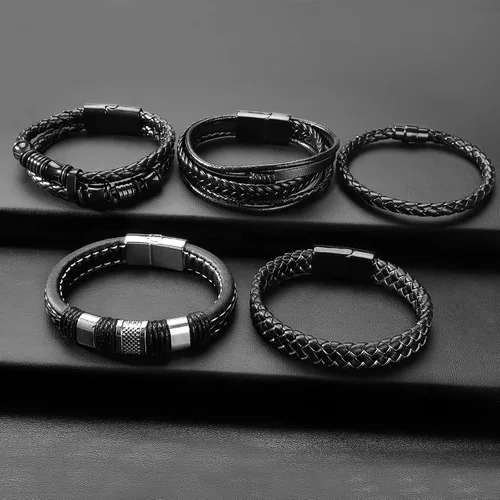 Miniatura 4 de LOWNOUR Pulseras para hombres, hechas a mano, de cuero, para hombres, trenzadas, negras, regalos para hombres, cuero y acero, 8.5 pulgadas, Cuero