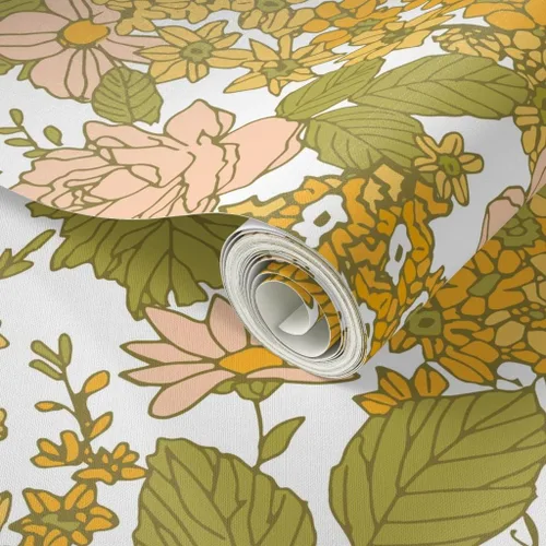 Miniatura 2 de Papel tapiz autoadhesivo para despegar y pegar, papel tapiz vintage de los años 70 con diseño floral retro bohemio, rosa y verde, papel tapiz