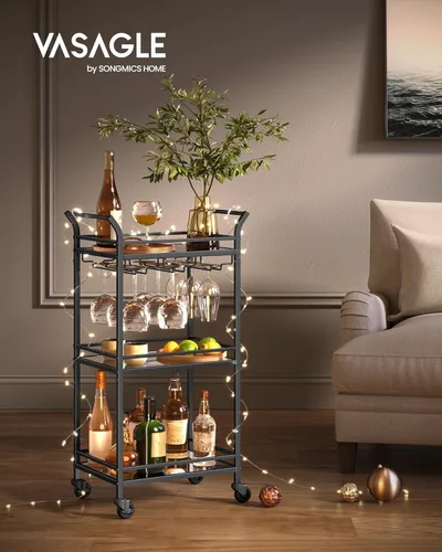 Miniatura 2 de VASAGLE Carrito de Bar, Carrito de Servicio de Bar para el Hogar, Carrito de Servicio de Bar Pequeño con Estante de 3 Niveles, Soportes para Vino