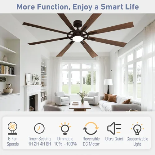 Miniatura 4 de Ventilador de techo inteligente de 72 pulgadas con luz y control remoto, ventilador de techo de nogal con motor de CC reversible silencioso, control