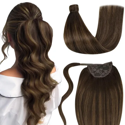 Miniatura 16 de LaaVoo Extensión de cola de caballo de cabello humano marrón para mujer, extensiones de cola de caballo marrón oscuro, extensiones de cabello humano