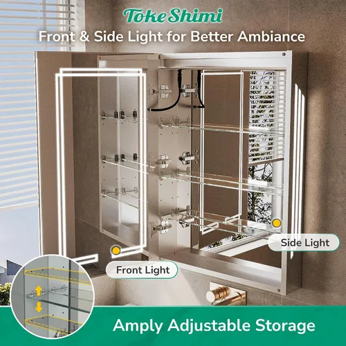 Miniatura 5 de TokeShimi Botiquín con Espejo Iluminado de 20 x 31.9 pulgadas, Espejo LED de Baño Templado Antivaho con Almacenamiento, Atenuación Continua de 3