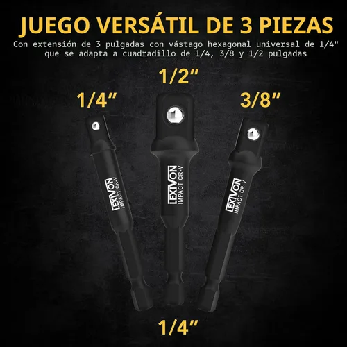 Miniatura 3 de LEXIVON Juego de adaptadores de enchufe de grado de impacto, broca de extensión de 3 pulgadas con soporte, 3 unidades de 1/4, 3/8 y 1/2 pulgadas