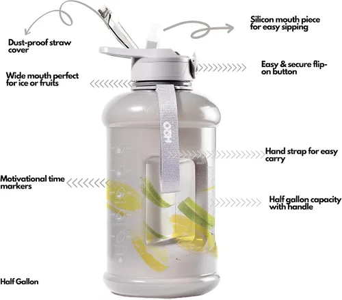 Miniatura 2 de H2O Capsule INSPO Botella de agua de medio galón con marcador de tiempo y popote. Motivacional seguidor de hidratación. Jarra grande sin BPA, segura