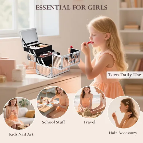 Miniatura 8 de FRENESSA Estuche de Maquillaje Tipo Maleta, Caja de Maquillaje Portátil con Espejo, Caja con Cerradura, Estuches de Maquillaje de Viaje Tipo Maleta