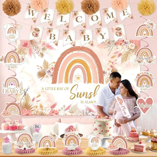 Miniatura 4 de Decoraciones de baby shower estilo bohemio rosa para niña, A Little Ray of Sunshine is Almost Here Boho Rainbow Welcome Baby Banner telón de fondo