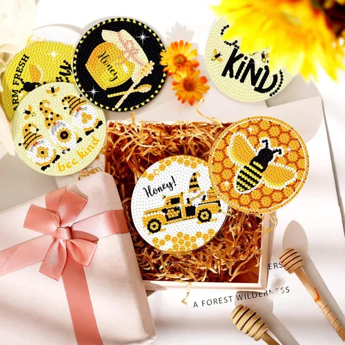 Miniatura 5 de Shellwei Juego de 8 posavasos de pintura de diamantes de abeja de verano, arte de diamantes de abeja de miel con soporte, posavasos de pintura