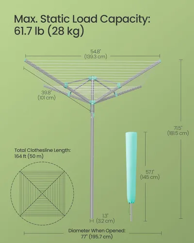 Miniatura 6 de SONGMICS Tendedero para paraguas, línea de lavado giratoria, plegable, resistente con clips, cubierta, anclaje al suelo, 164 pies (164.0 ft)