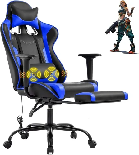 Miniatura 13 de Silla ergonómica para juegos de PC, silla de oficina de carreras, silla de videojuegos, función de masaje, soporte lumbar con reposabrazos Blanco