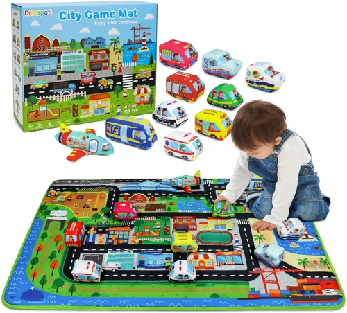 Dr.Rapeti Juego de autos de juguete suave para bebés, niños pequeños, 1 tapete de juego de gran tamaño, 10 autos de juguete suave, 47 x 30 pulgadas,