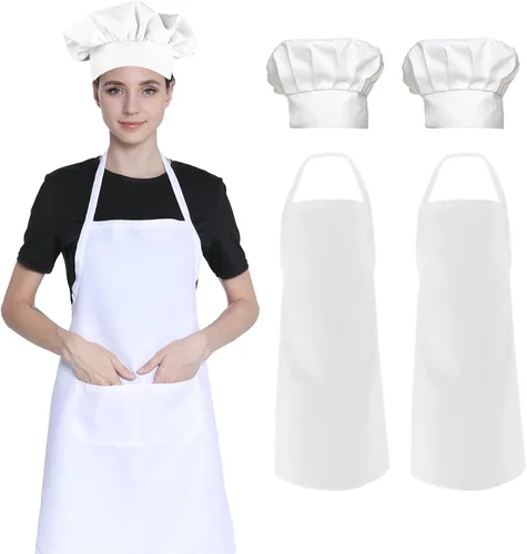 Miniatura 7 de Paquete de 2 gorros de chef y delantales para mujeres y hombres, delantales de cocina con bolsillos para hornear barbacoa