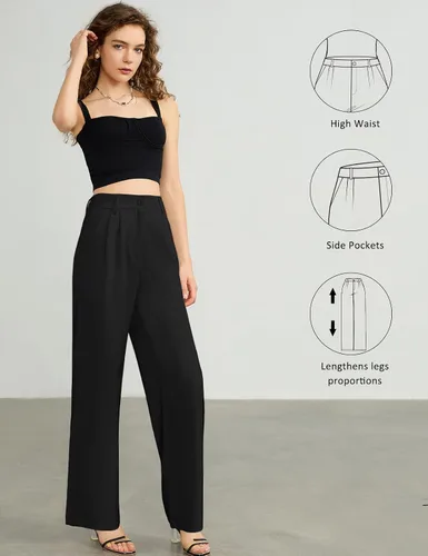 Miniatura 4 de Tapata Pantalones de pierna ancha para mujer, pantalones de vestir de cintura alta, casuales, elásticos, bolsillos para el trabajo y negocios