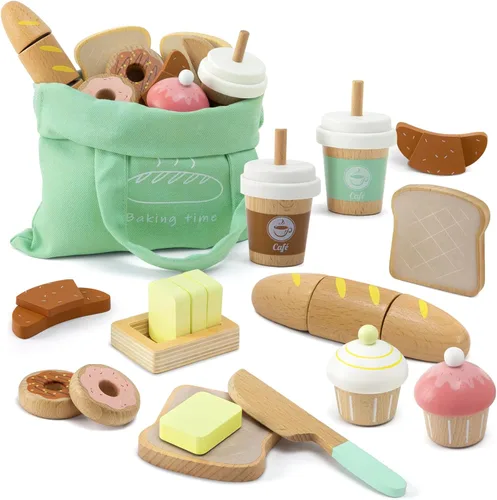 17 piezas de juego de alimentos de juguete de panadería de madera para niños, juego de alimentos de picnic de simulación para niños de 3 años en