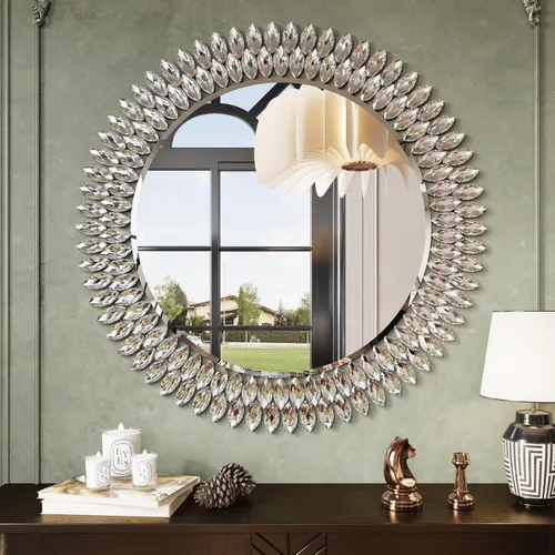 Kelly Miller Espejo redondo con joyas para decoración de pared, espejo de pared decorativo moderno de 32 pulgadas con diamantes de lujo, espejo de