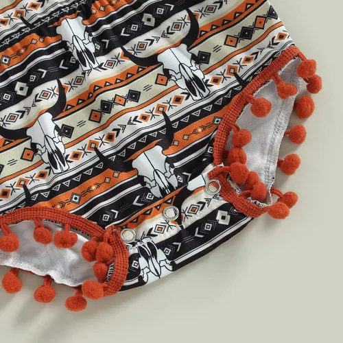 Miniatura 7 de Karuedoo Ropa occidental para bebé niña, con estampado de vaca, sin mangas, con pompones, traje de una pieza con diadema