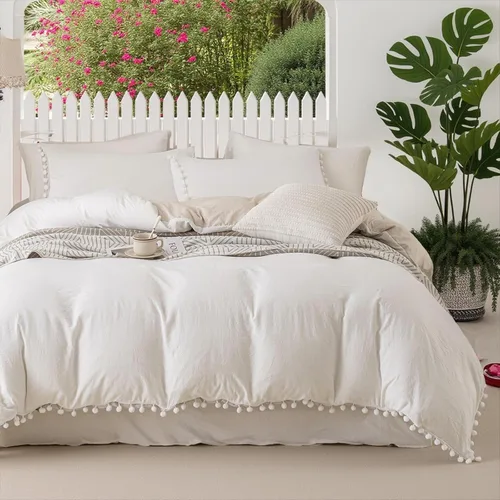 Miniatura 11 de Bedbay Juego de edredón bohemio color beige, edredón con pompones, decoración de habitación estética, bonito juego de ropa de cama con flecos