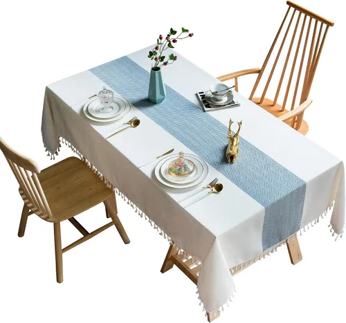 Miniatura 7 de Oubonun Mantel Rectangular de Algodón y Lino - Resistente a las Arrugas e Impermeable - Mantel Lavable a Máquina con Borlas para Cocina y Comedor