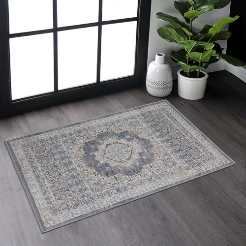 Miniatura 27 de NAAR PAYAS Collection - Alfombra de área de 6 x 9 pies, diseño de medallón crema y azul, no se desprende, resistente a las manchas, para sala