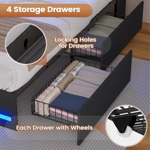 Miniatura 6 de AOGLLATI Estructura de cama Queen con elegante cabecero tipo estantería y estación de carga y luces LED, estructura de cama tamaño Queen con 4 Negro