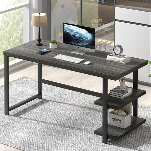 Miniatura 10 de FOLUBAN Escritorio para computadora de 47 pulgadas, escritorio pequeño para el hogar y oficina con estantes de almacenamiento, mesa de estudio, Nogal